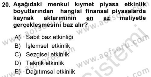 Menkul Kıymet Yatırımları Dersi Ara Sınavı Deneme Sınav Soruları 20. Soru