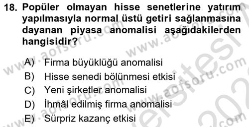 Menkul Kıymet Yatırımları Dersi Ara Sınavı Deneme Sınav Soruları 18. Soru