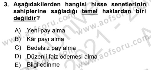 Menkul Kıymet Yatırımları Dersi Ara Sınavı Deneme Sınav Soruları 3. Soru