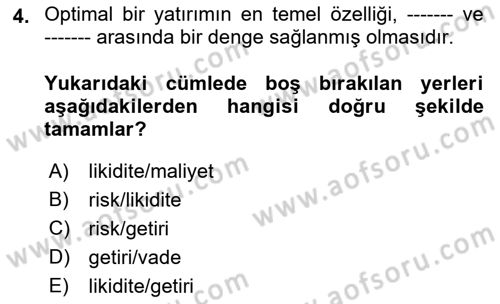Menkul Kıymet Yatırımları Dersi Ara Sınavı Deneme Sınav Soruları 4. Soru