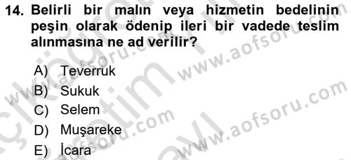 Menkul Kıymet Yatırımları Dersi 2021 - 2022 Yılı Yaz Okulu Sınavı 14. Soru