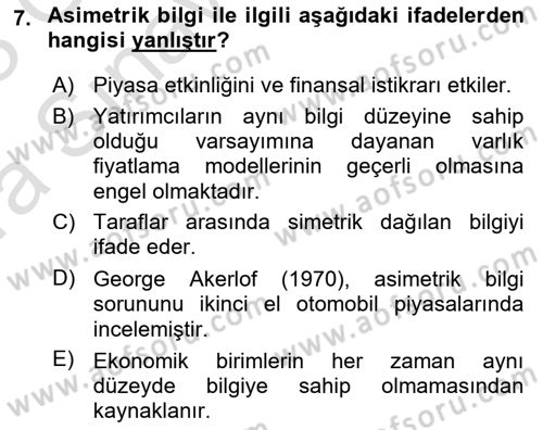 Menkul Kıymet Yatırımları Dersi 2022 - 2023 Yılı (Vize) Ara Sınav Soruları 7. Soru