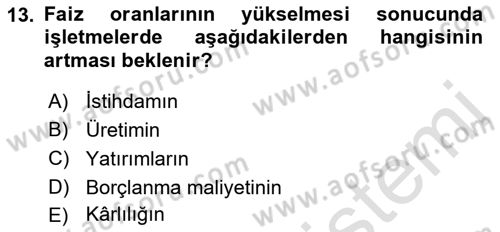 Menkul Kıymet Yatırımları Dersi Ara Sınavı Deneme Sınav Soruları 13. Soru