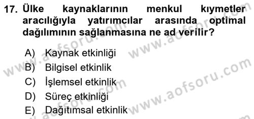 Menkul Kıymet Yatırımları Dersi Ara Sınavı Deneme Sınav Soruları 17. Soru