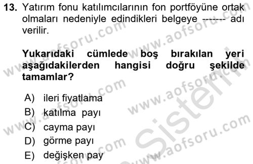Menkul Kıymet Yatırımları Dersi 2023 - 2024 Yılı Yaz Okulu Sınav Soruları 13. Soru