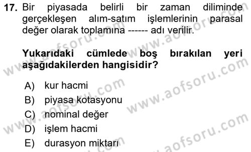 Menkul Kıymet Yatırımları Dersi 2023 - 2024 Yılı Yaz Okulu Sınav Soruları 17. Soru