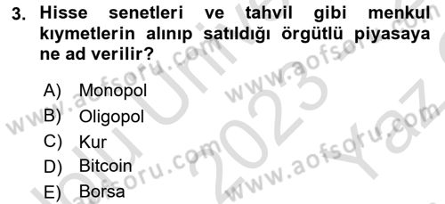Menkul Kıymet Yatırımları Dersi 2023 - 2024 Yılı Yaz Okulu Sınav Soruları 3. Soru