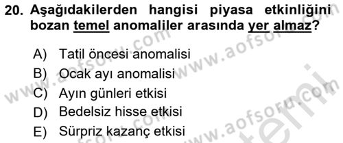 Menkul Kıymet Yatırımları Dersi Ara Sınavı Deneme Sınav Soruları 20. Soru