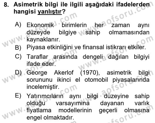 Menkul Kıymet Yatırımları Dersi Ara Sınavı Deneme Sınav Soruları 8. Soru