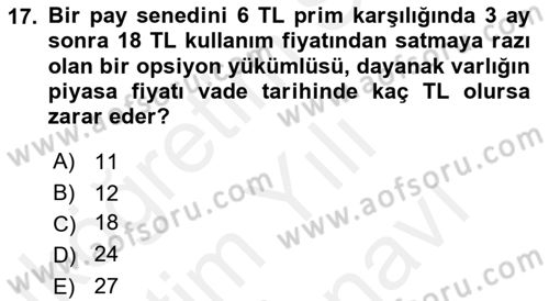 Türev Araçlar Dersi 2018 - 2019 Yılı (Vize) Ara Sınav Soruları 17. Soru