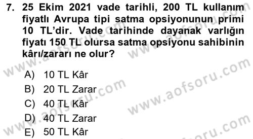 Türev Araçlar Dersi 2021 - 2022 Yılı Yaz Okulu Sınav Soruları 7. Soru