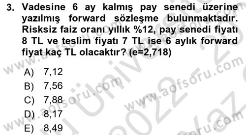Türev Araçlar Dersi 2022 - 2023 Yılı Yaz Okulu Sınav Soruları 3. Soru