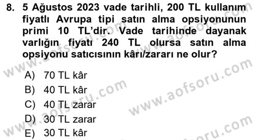 Türev Araçlar Dersi 2022 - 2023 Yılı Yaz Okulu Sınav Soruları 8. Soru