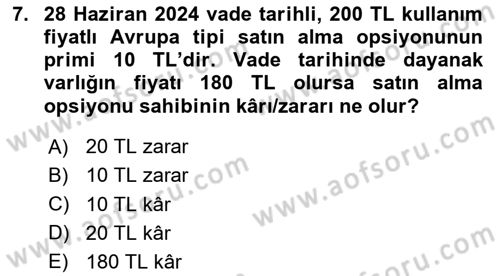 Türev Araçlar Dersi 2023 - 2024 Yılı Yaz Okulu Sınav Soruları 7. Soru