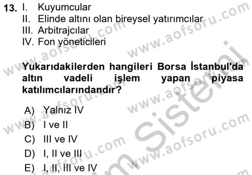Borsaların Yapısı ve İşleyişi Dersi 2018 - 2019 Yılı Yaz Okulu Sınav Soruları 13. Soru