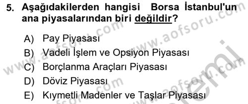 Borsaların Yapısı ve İşleyişi Dersi 2018 - 2019 Yılı Yaz Okulu Sınav Soruları 5. Soru