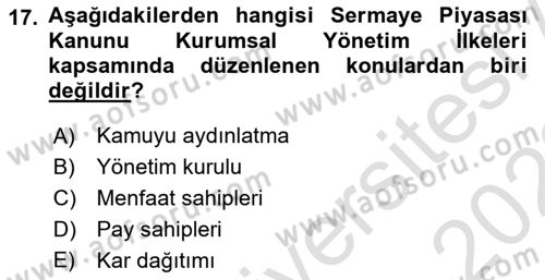 Borsaların Yapısı ve İşleyişi Dersi 2021 - 2022 Yılı (Vize) Ara Sınav Soruları 17. Soru
