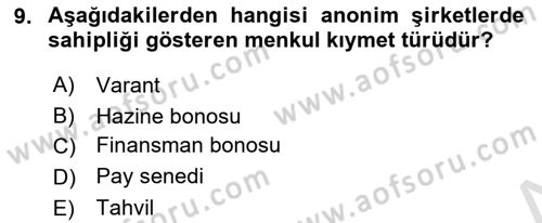 Borsaların Yapısı ve İşleyişi Dersi 2021 - 2022 Yılı (Vize) Ara Sınav Soruları 9. Soru