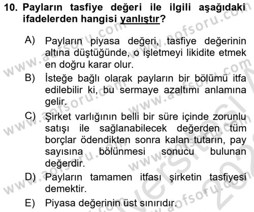 Borsaların Yapısı ve İşleyişi Dersi 2022 - 2023 Yılı (Vize) Ara Sınav Soruları 10. Soru