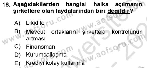 Borsaların Yapısı ve İşleyişi Dersi 2022 - 2023 Yılı (Vize) Ara Sınav Soruları 16. Soru