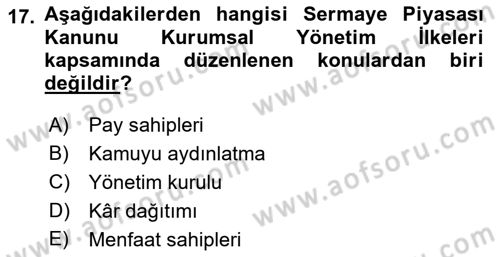 Borsaların Yapısı ve İşleyişi Dersi 2022 - 2023 Yılı (Vize) Ara Sınav Soruları 17. Soru