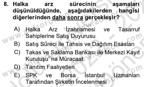 Borsaların Yapısı ve İşleyişi Dersi 2022 - 2023 Yılı (Final) Dönem Sonu Sınav Soruları 8. Soru