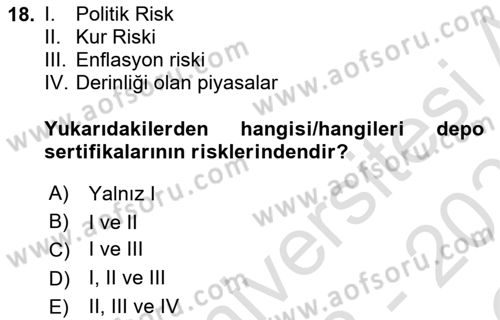 Borsaların Yapısı ve İşleyişi Dersi 2022 - 2023 Yılı Yaz Okulu Sınav Soruları 18. Soru