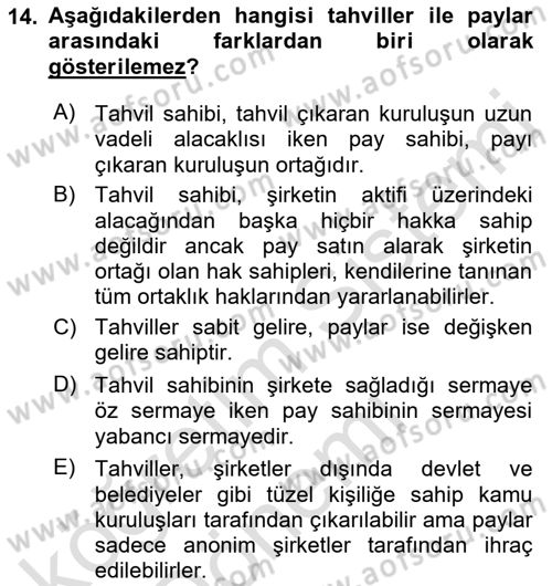 Borsaların Yapısı ve İşleyişi Dersi 2023 - 2024 Yılı (Vize) Ara Sınav Soruları 14. Soru
