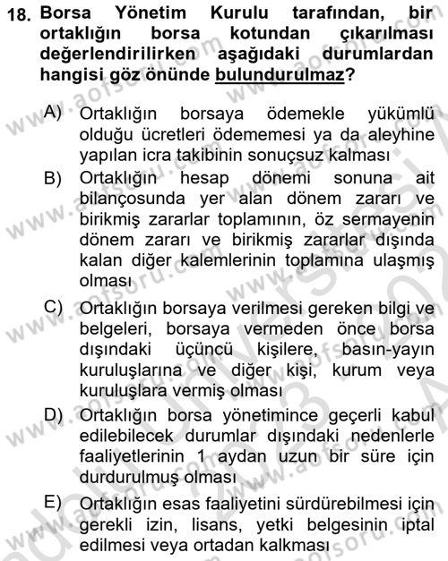 Borsaların Yapısı ve İşleyişi Dersi 2023 - 2024 Yılı (Vize) Ara Sınav Soruları 18. Soru