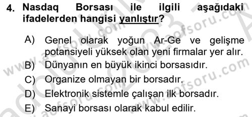 Borsaların Yapısı ve İşleyişi Dersi 2023 - 2024 Yılı (Vize) Ara Sınav Soruları 4. Soru