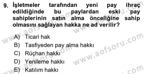 Borsaların Yapısı ve İşleyişi Dersi 2023 - 2024 Yılı (Vize) Ara Sınav Soruları 9. Soru