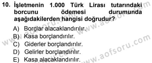 Genel Muhasebe Dersi Ara Sınavı Deneme Sınav Soruları 10. Soru