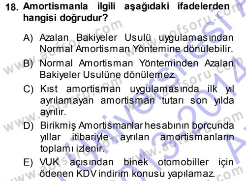 Genel Muhasebe Dersi 2013 - 2014 Yılı (Vize) Ara Sınav Soruları 18. Soru