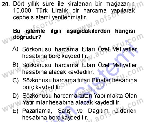 Genel Muhasebe Dersi Ara Sınavı Deneme Sınav Soruları 20. Soru
