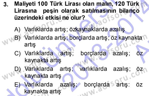 Genel Muhasebe Dersi 2013 - 2014 Yılı (Vize) Ara Sınav Soruları 3. Soru