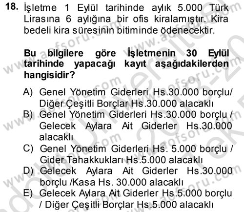 Genel Muhasebe Dersi 2013 - 2014 Yılı Tek Ders Sınav Soruları 18. Soru