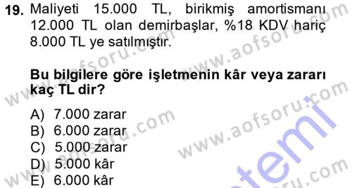 Genel Muhasebe Dersi Ara Sınavı Deneme Sınav Soruları 19. Soru