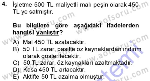 Genel Muhasebe Dersi Ara Sınavı Deneme Sınav Soruları 4. Soru