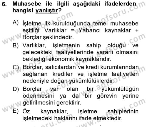 Genel Muhasebe Dersi Ara Sınavı Deneme Sınav Soruları 6. Soru