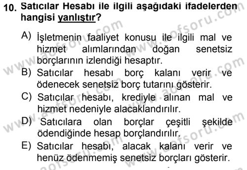 Genel Muhasebe Dersi 2014 - 2015 Yılı Tek Ders Sınav Soruları 10. Soru