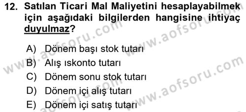 Genel Muhasebe Dersi Ara Sınavı Deneme Sınav Soruları 12. Soru