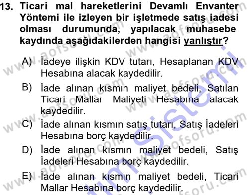 Genel Muhasebe Dersi Ara Sınavı Deneme Sınav Soruları 13. Soru