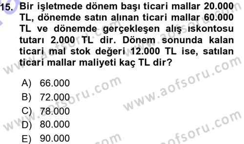 Genel Muhasebe Dersi 2015 - 2016 Yılı (Vize) Ara Sınav Soruları 15. Soru