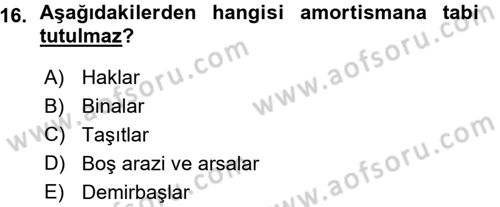 Genel Muhasebe Dersi Ara Sınavı Deneme Sınav Soruları 16. Soru