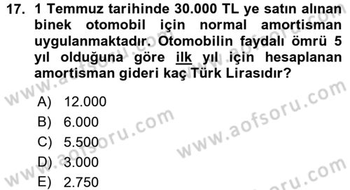 Genel Muhasebe Dersi Ara Sınavı Deneme Sınav Soruları 17. Soru