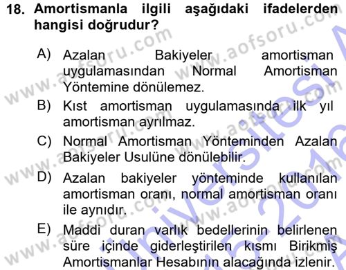 Genel Muhasebe Dersi Ara Sınavı Deneme Sınav Soruları 18. Soru