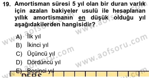 Genel Muhasebe Dersi Ara Sınavı Deneme Sınav Soruları 19. Soru