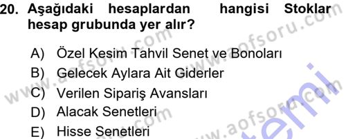 Genel Muhasebe Dersi 2015 - 2016 Yılı (Vize) Ara Sınav Soruları 20. Soru