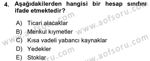 Genel Muhasebe Dersi Ara Sınavı Deneme Sınav Soruları 4. Soru