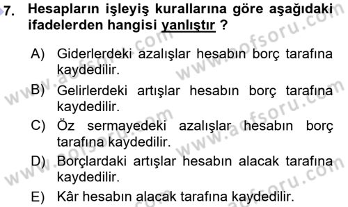 Genel Muhasebe Dersi 2015 - 2016 Yılı (Vize) Ara Sınav Soruları 7. Soru